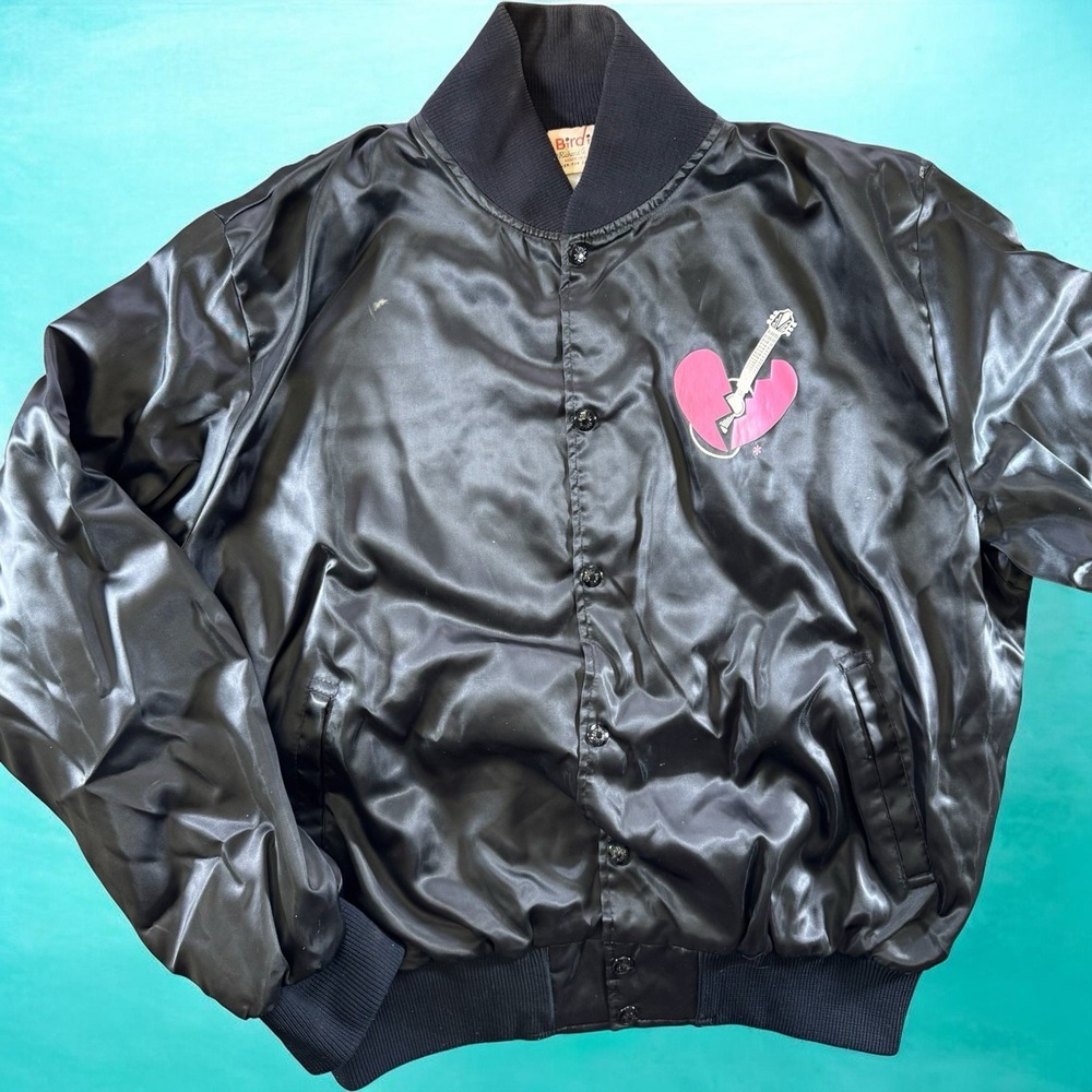 Vintage‎ 80s Birdie Black Satin Bomber Jacket L Heartbreak Broken Heart Guitar